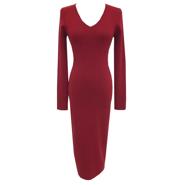 7484 French Deep V-Neck 14-Stitch Dense Non-Deforming Waist-Slimming Over-Knee Inner Long Dress