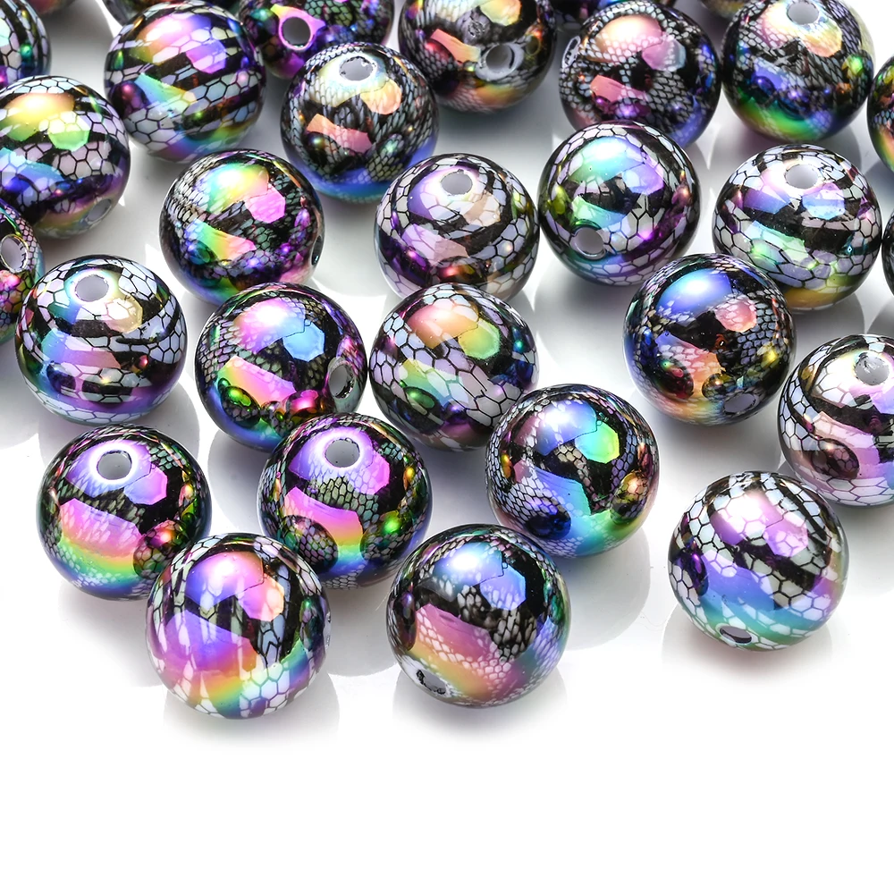 10 Stück 16mm Schwarz Beschichtete Bunte Runde Netz-Acrylperlen Glänzende Glatte Zwischenperlen für Schmuckperlen DIY Armband Halskette – Detail 1