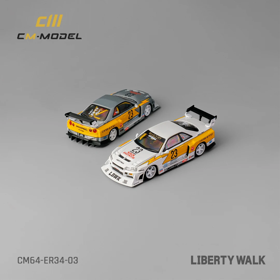 CMModel 1/64 Diecast Nissan LBWK SuperSilhouette GTR34 NO.23 Yellow White