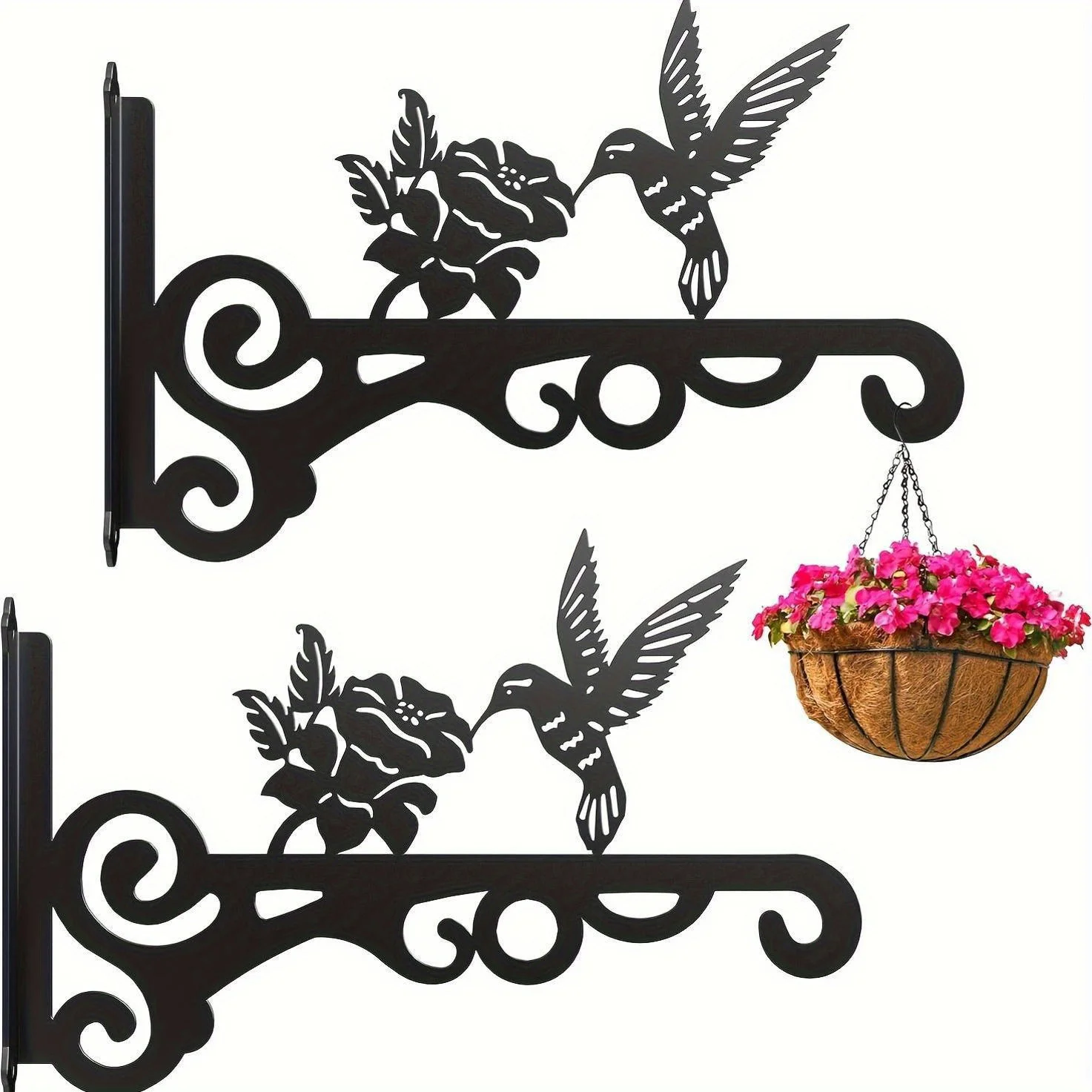 2pcs Black Metal Plant Hanger with 3 Birds & Leaf Design - Heavy-Duty, Easy to Install, No Battery Required - Ideal for Outdoor