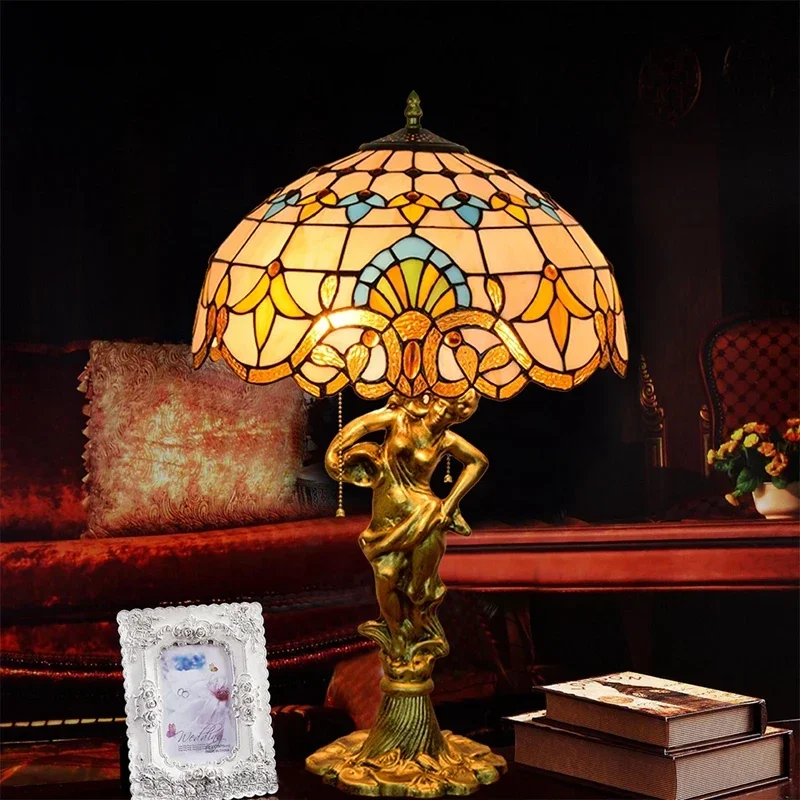 Antique Tiffany Stained Glass Table Lamp Decor Resin Base Table Lamp for Bedroom Reading Desk Baroque Style Desk Lamp