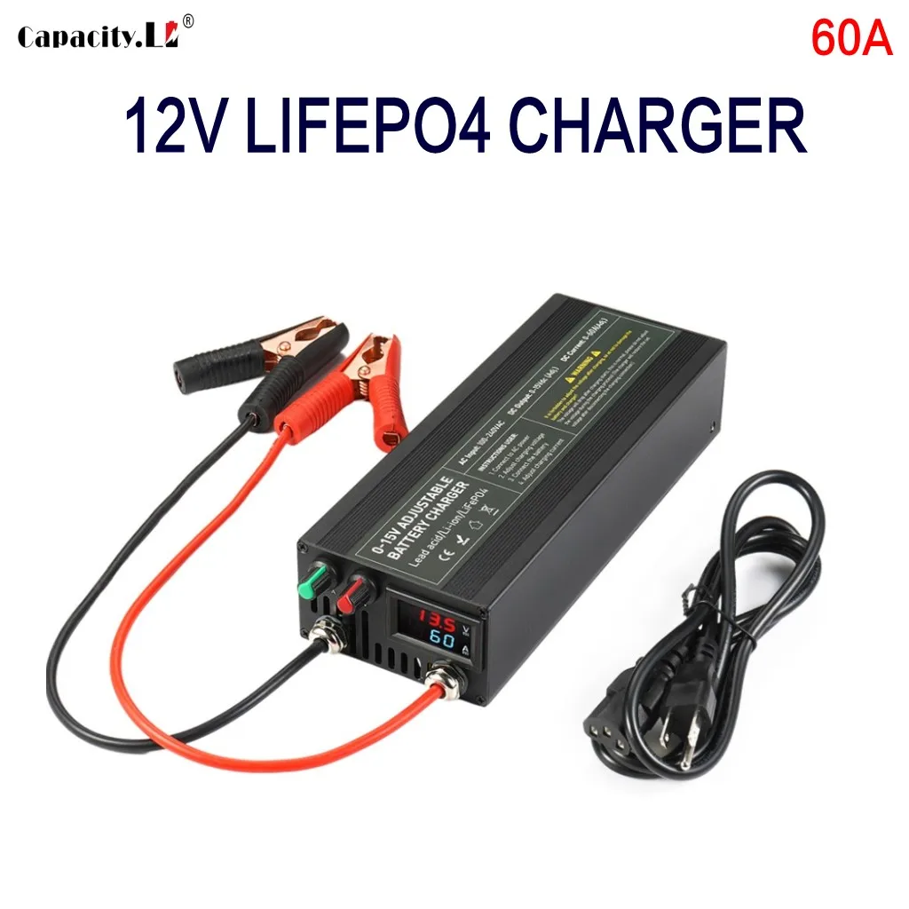 Capacity.Li 12V Lifepo4 Battery Charger 60A Power Lithium Battery Charger 100V-240V 12.6V 14.6V Quick Battery Universal charger