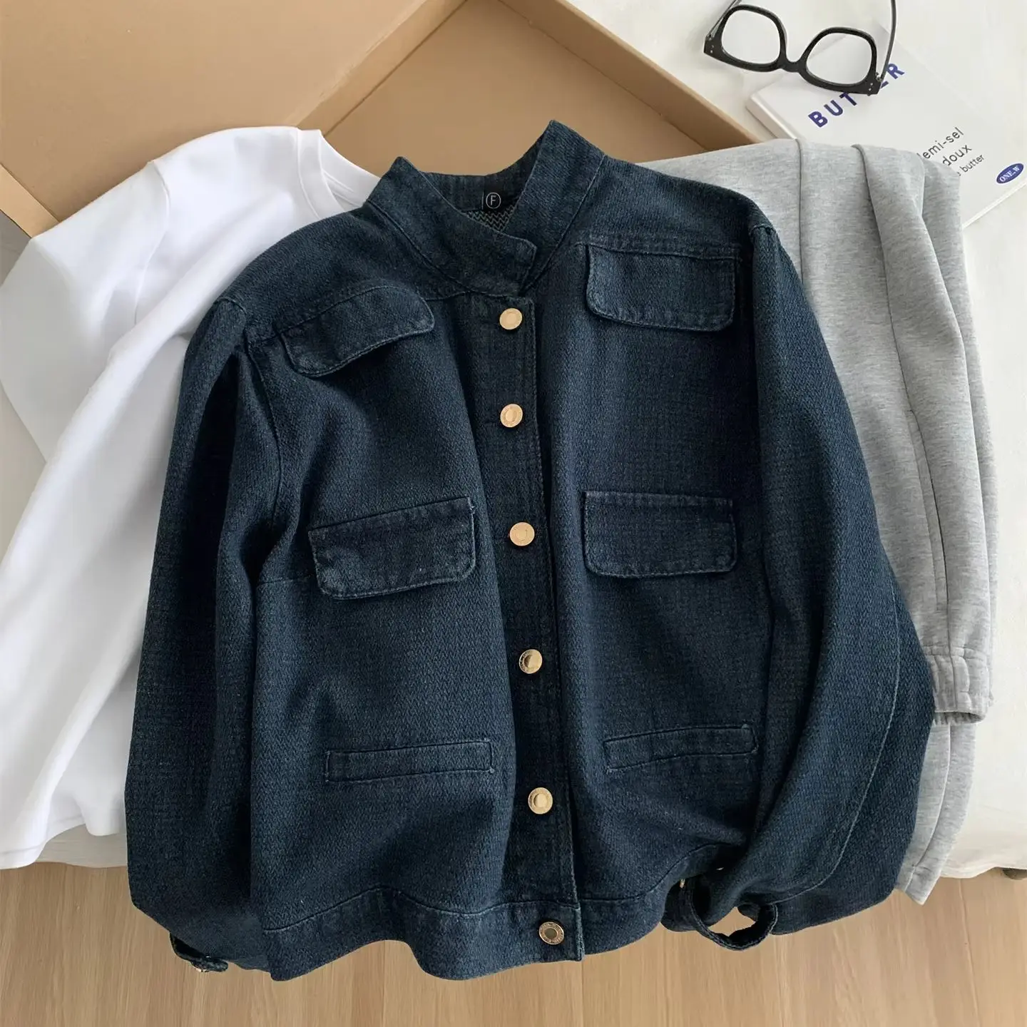 

American Retro Women Denim Jacket Washed Cobalt Blue Gold Button Stand Collar Long Sleeve Coat Spring Autumn Casual Outerwear