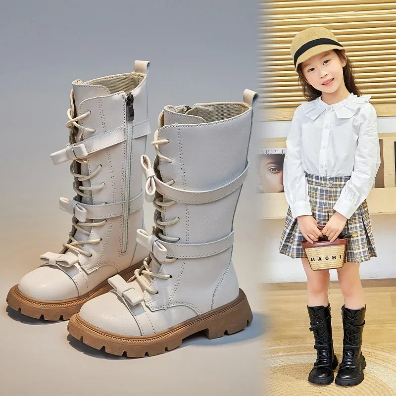 2024 Winter New Chillren Girls High Boots Britain Style Children Long Boots for Catwalk Bow Solid Color Kids Princess Shoes PU