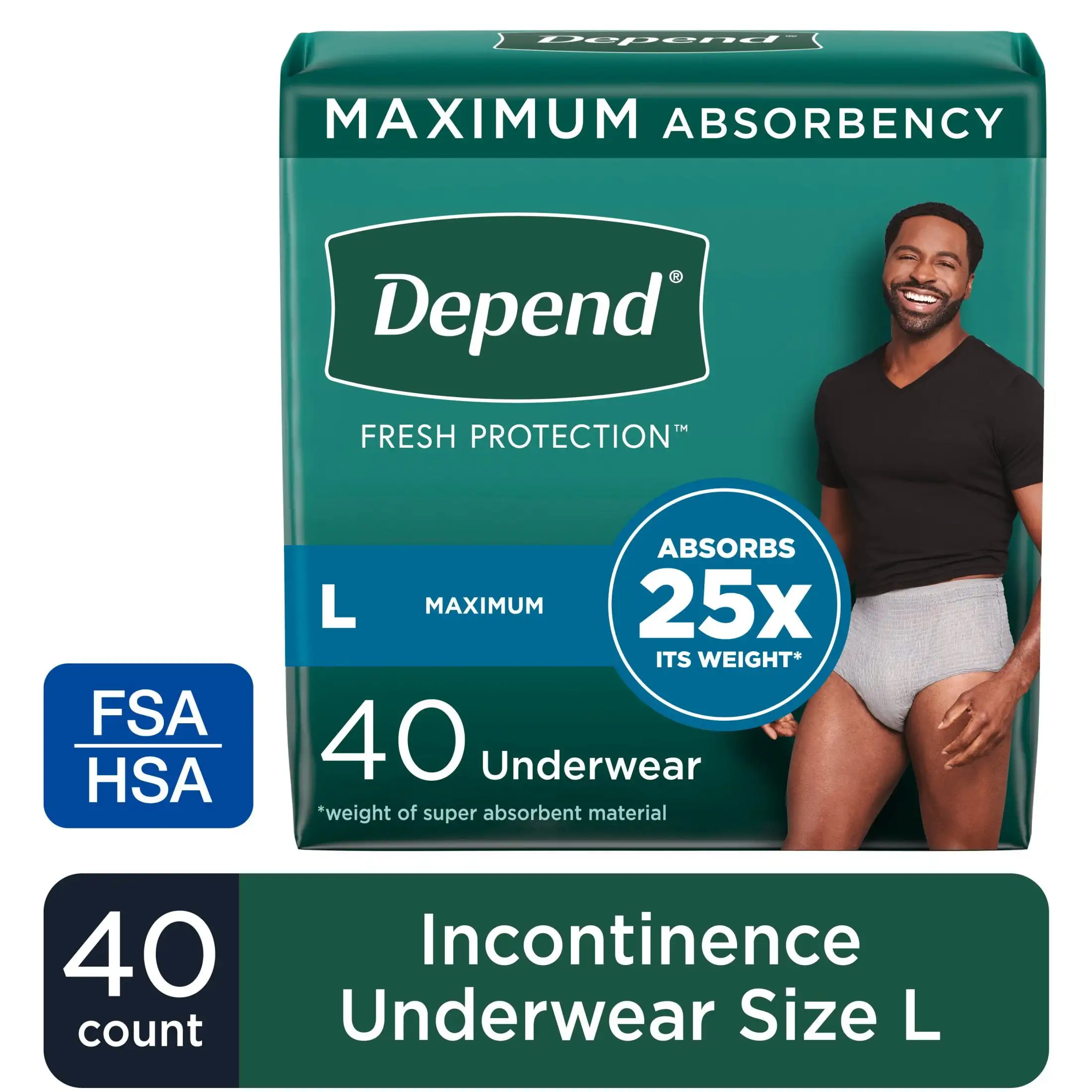 

Fresh Protection Incontinence Underwear for Men, Adult Diapers, L, 40 Count