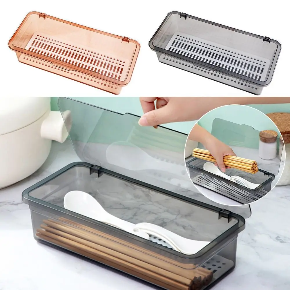 Plastic Utensils Storage Box with Cover and Drainer Kitchen Cutlery Holder Extended Chopstick Cage Chopstick Holder