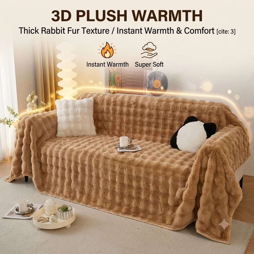 3D Striped Thick Faux Rabbit Fur Sofa Cover Non Slip Soft Fleece Sofa Towel Plaid Blanket Warm Furniture Protector for Home