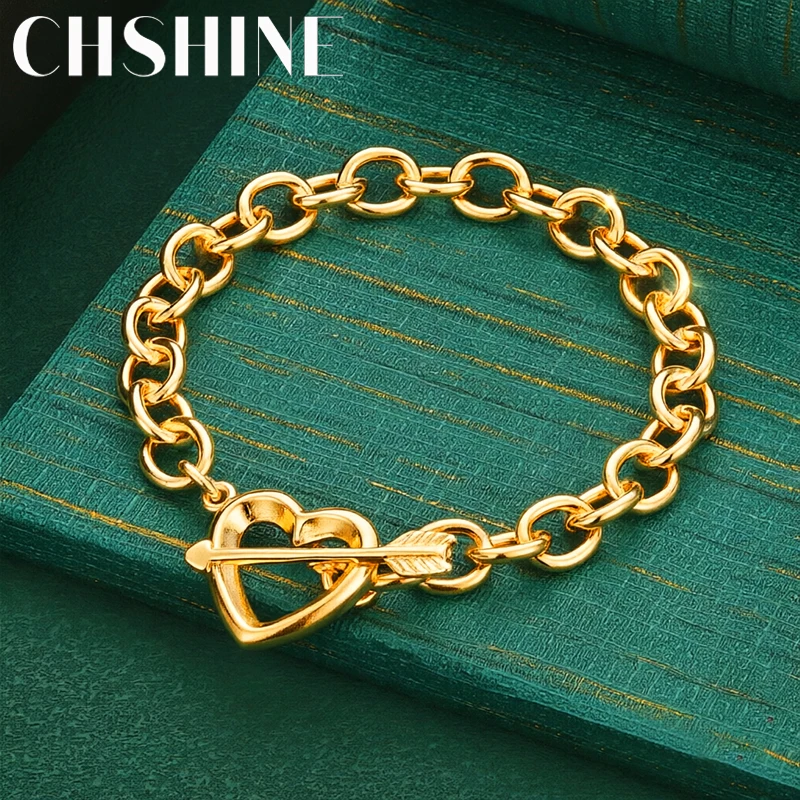 925 Sterling Silver 18K Gold  Arrow Through Heart Bracelet Chunky Rolo Chain Romantic Love Theme Women Jewelry Gift