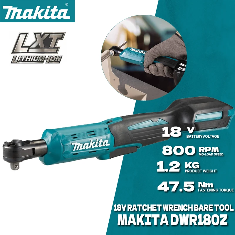 MAKITA DWR180Z 18V LXT Cordless Ratchet Wrench 6.35mm Drive 800RPM 47.5 N·m Angle Wrench Socket Wrench Power Tools DWR180