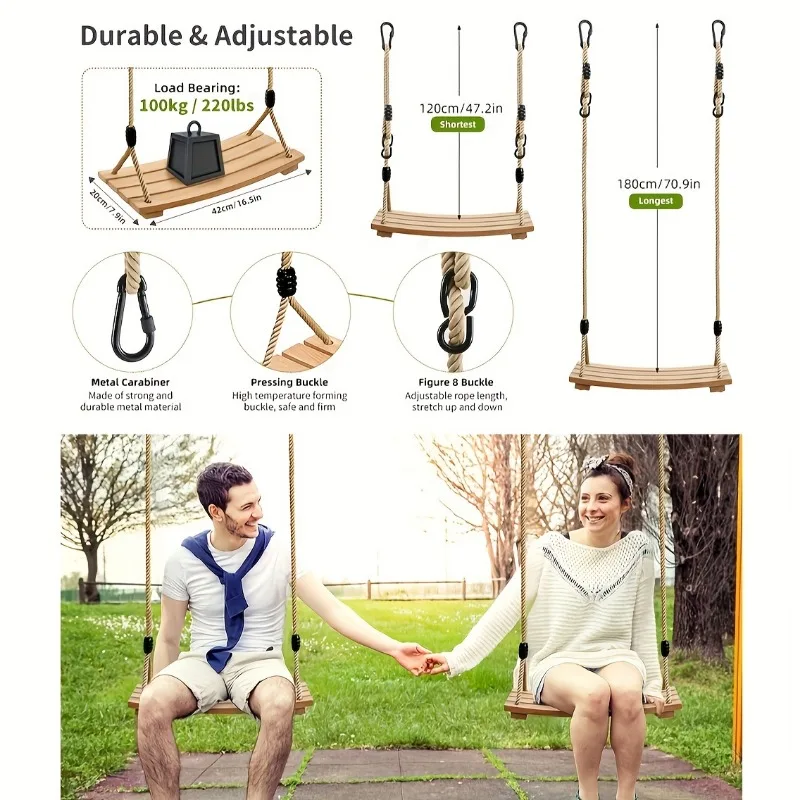 Columpio de madera con capacidad, asiento columpio de madera carbonizada para interiores y exteriores, herramientas de columpio para jugar al aire libre, columpio para actividades de fiesta para adultos