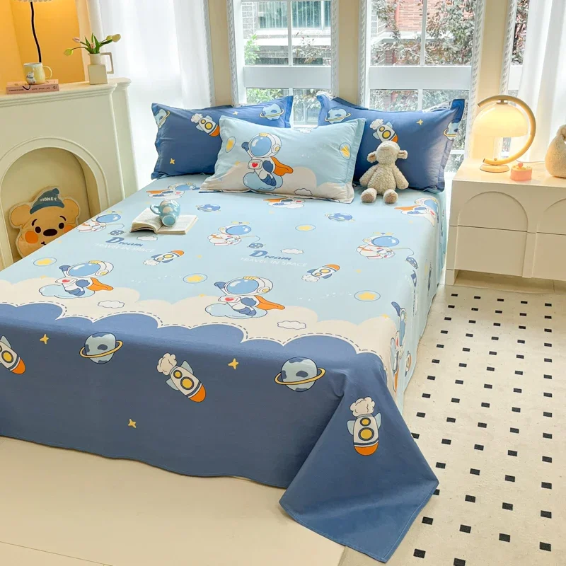 3pcs Cotton Cartoon Astronaut Theme Bed Sheet Set Hotel Dormitory Bedding Cosmic Planet Print Home Bedroom Decoration Dust Cover