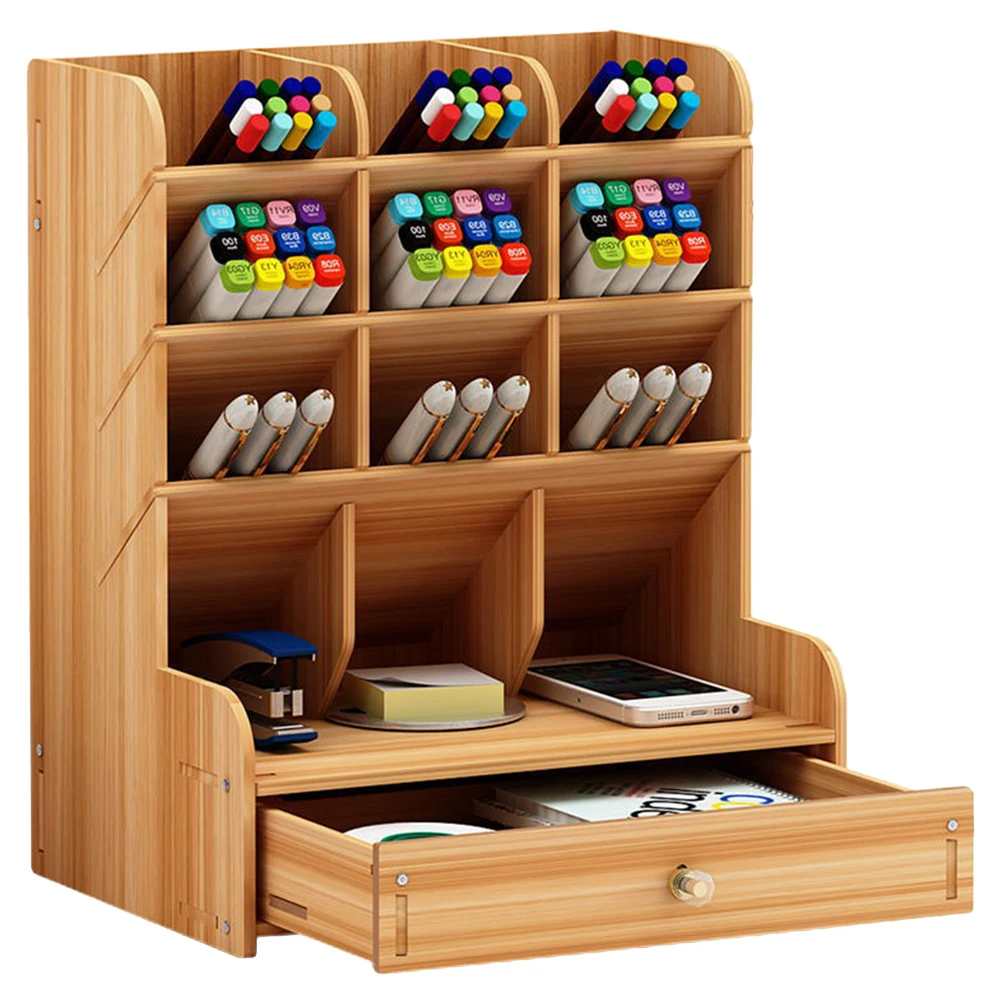 

Wooden Pen Holder Storage Box Large Capacity Multi-Divided Organizer For Office Desk Cherry Desktop Storage Shelf