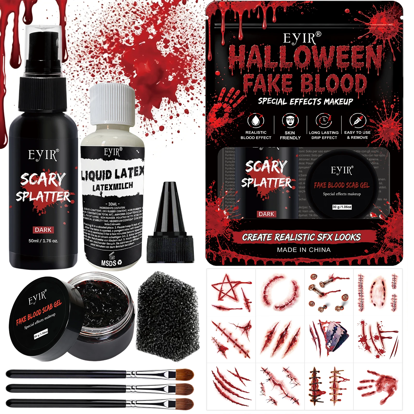 Halloween Special Effects Makeup Kit Fake Blood Spray Scar Gel Liquid Latex SFX Makeup Set Cosplay Party Face Body Art