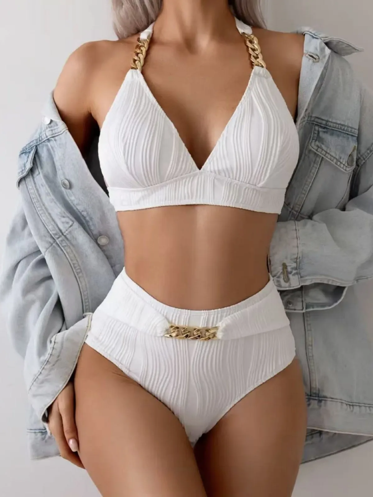 

2026 женский топ бикини с v-образным вырезом и лямкой на шее, сексуальный купальник из двух предметов с открытой спиной, утягивающий однотонный сексуальный укороченный топ, белый женский купальник