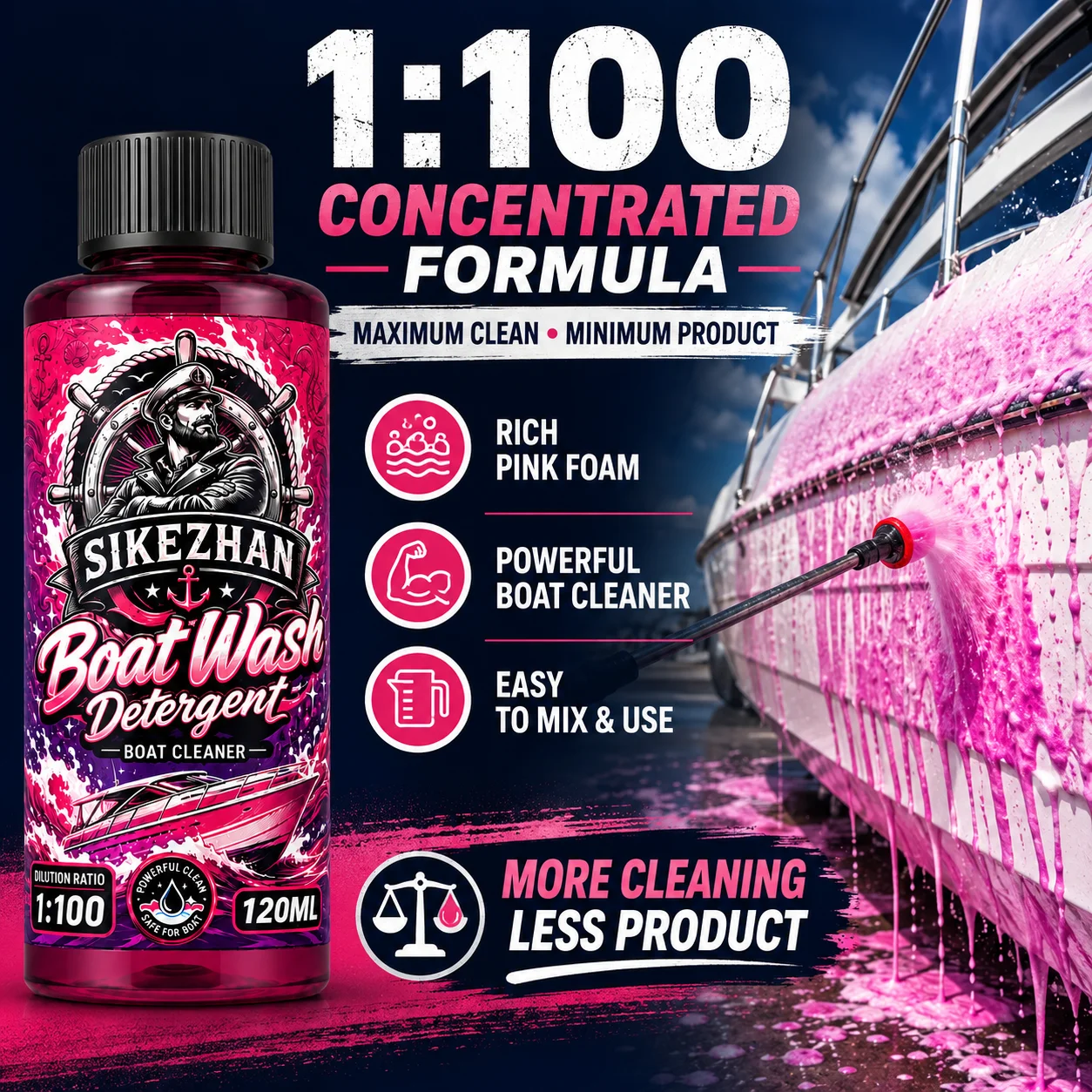 120ml Concentrated Boat Wash Detergent, 1:100 High Dilution Ratio Marine Hull Cleaner Soap for Yacht Vessel Maintenance Tools
