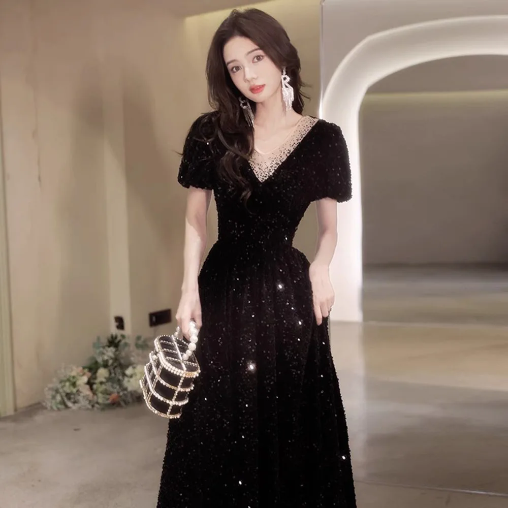 

Elegant Black Sequins Evening Dress Women's Short Puff Sleeves V-Neck Slim Fit Back Bow Design Gown Floor Length A-Line Vestido