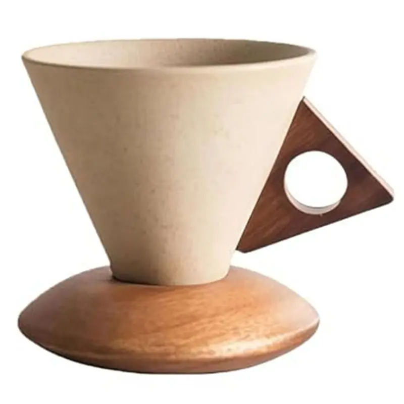 【Ship Within Elegant Conical Coffee Cup With Wooden Base- Vintage Style Porcelain Tea Pottery Mug