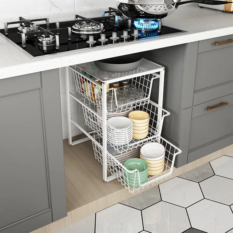 Drawer Basket Kitchen Storage Organizer Shelf Sliding Cabinet Basket Pull Out Drawer Type Mesh Basket