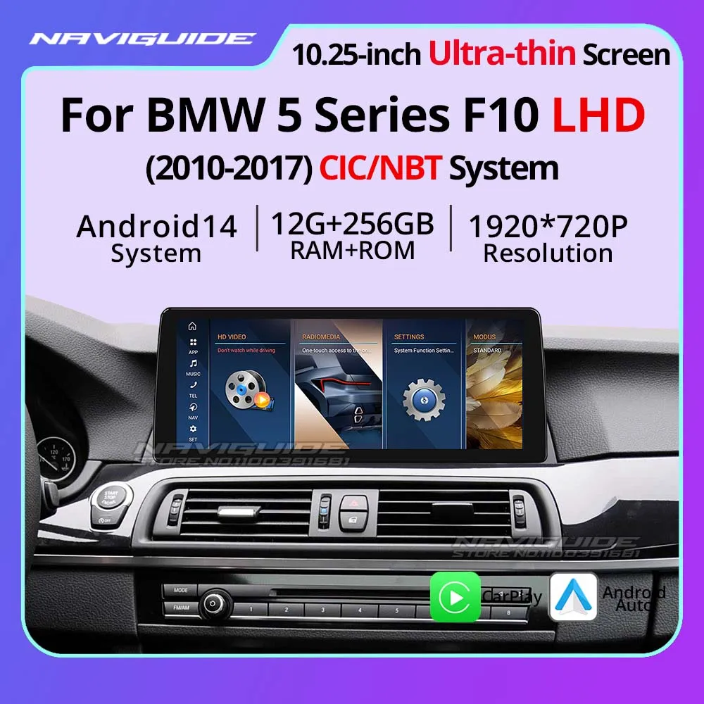

NAVIGUIDE 10.25" Android14 For BMW 5 Series F10 F11 LHD 2011-2017 CIC NBT System Ultra Thin Screen Wireless CarPlay Android Auto