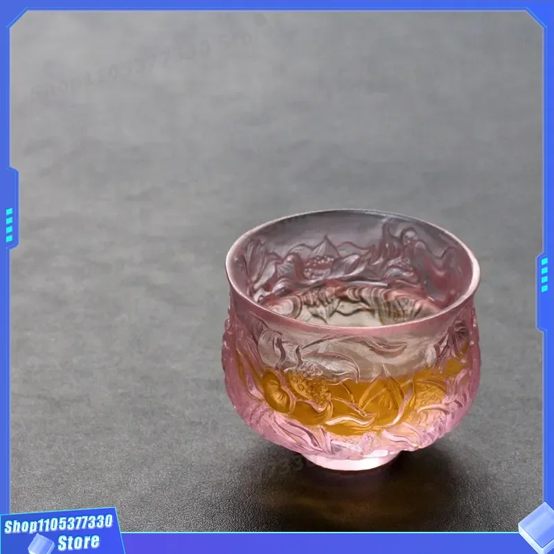 Purple Crystal Mineral Tea Cup Glazed Lotus Leaf Design Master Cup for Traditional Chinese Tea Ceremony Art Clear Glassware