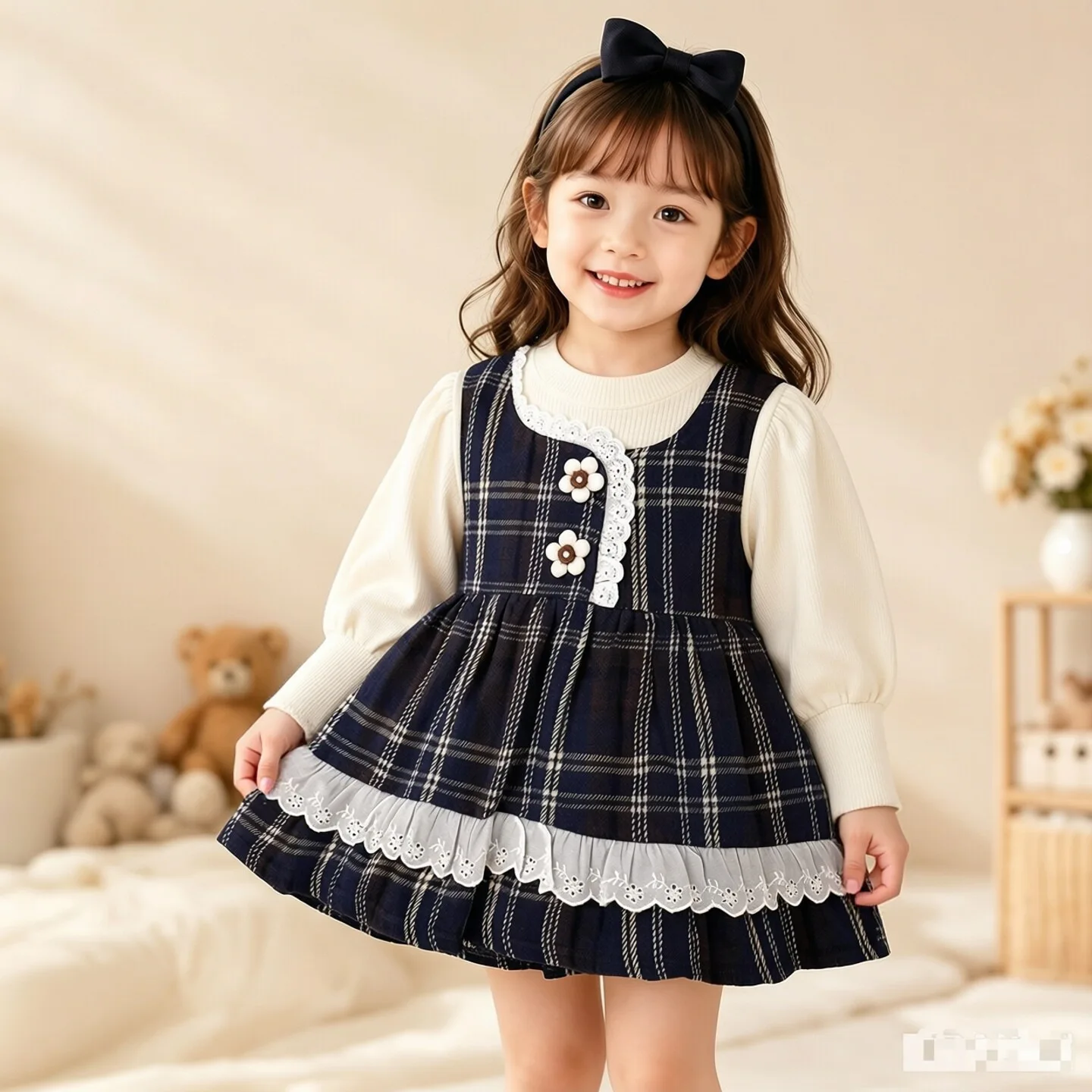 Super Cute Girls Kids Lace Trim Plaid Dress Flower Decor New Kids Set Baby Stylish Princess Fake Two Piece Spring Fall Skirt