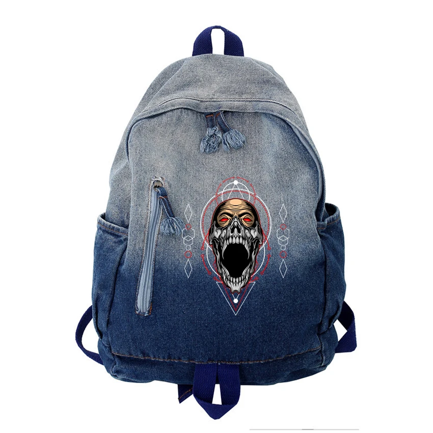 Fashion Ladies Soft Backpack Trendy Denim Boy Girl Travel Bag Male Female Backpack Men Women Unisex Funny Skull Printed Bag