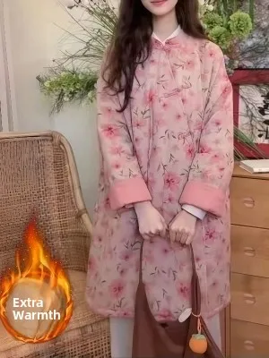 

New Chinese Sle round Ne Buttoned Floral Cotton Coat Women's Winter Faion Commute Loose Fit Thiened Long Sve Coat