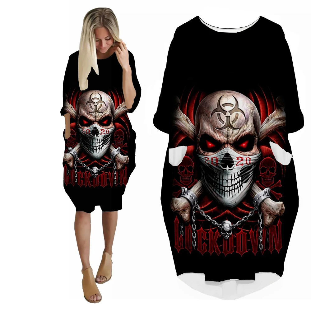 SONSPEE Fashion Summer New Horror Skull 3D Printed Women's Dress O-Neck Casual Fashion Loose Hot Sale Long Sleeve Pocket Skirt