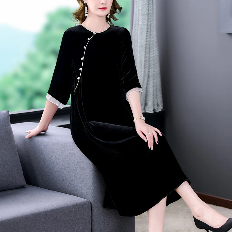 

Black Silk Flocking Jacquard Long Dress Autumn Elegant Loose Bandage Dress Women Korean Vintage Luxury Party Evening Dress