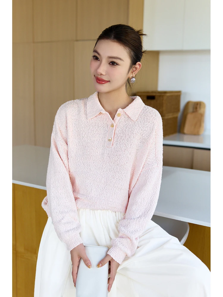 

Женский вязаный свитер из органического хлопка с длинными рукавами и текстурным воротником, свободный крой, повседневный стиль, осенняя мода, женская трикотажная одежда