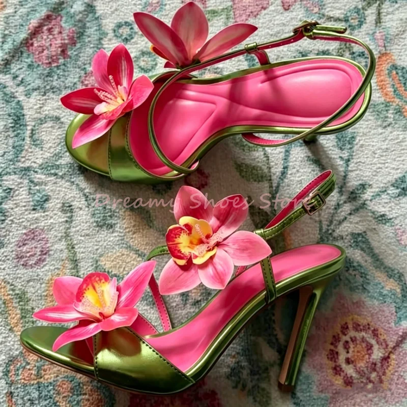 

Patchwork Pink Flower Decor Buckle Strap Sandals Women Peep Toe Strappy Slingback High Heels Sweet Fashion Party Vacation Heels