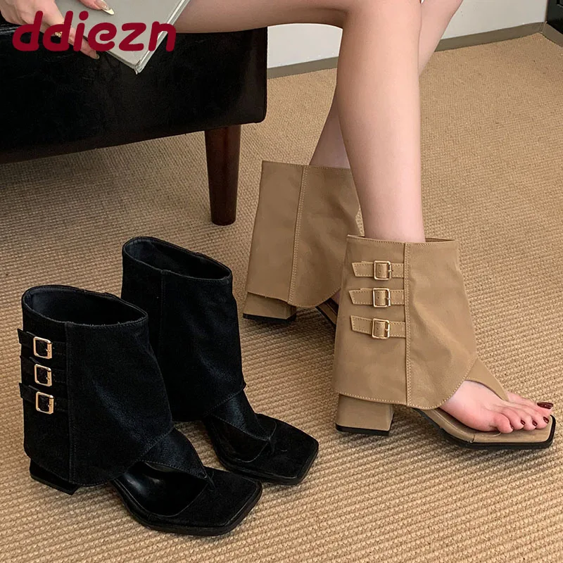 

Модные женские ботильоны с пряжкой, ботинки на каблуке, женская обувь с открытым носком, женские короткие ботильоны без шнуровки, шлепанцы