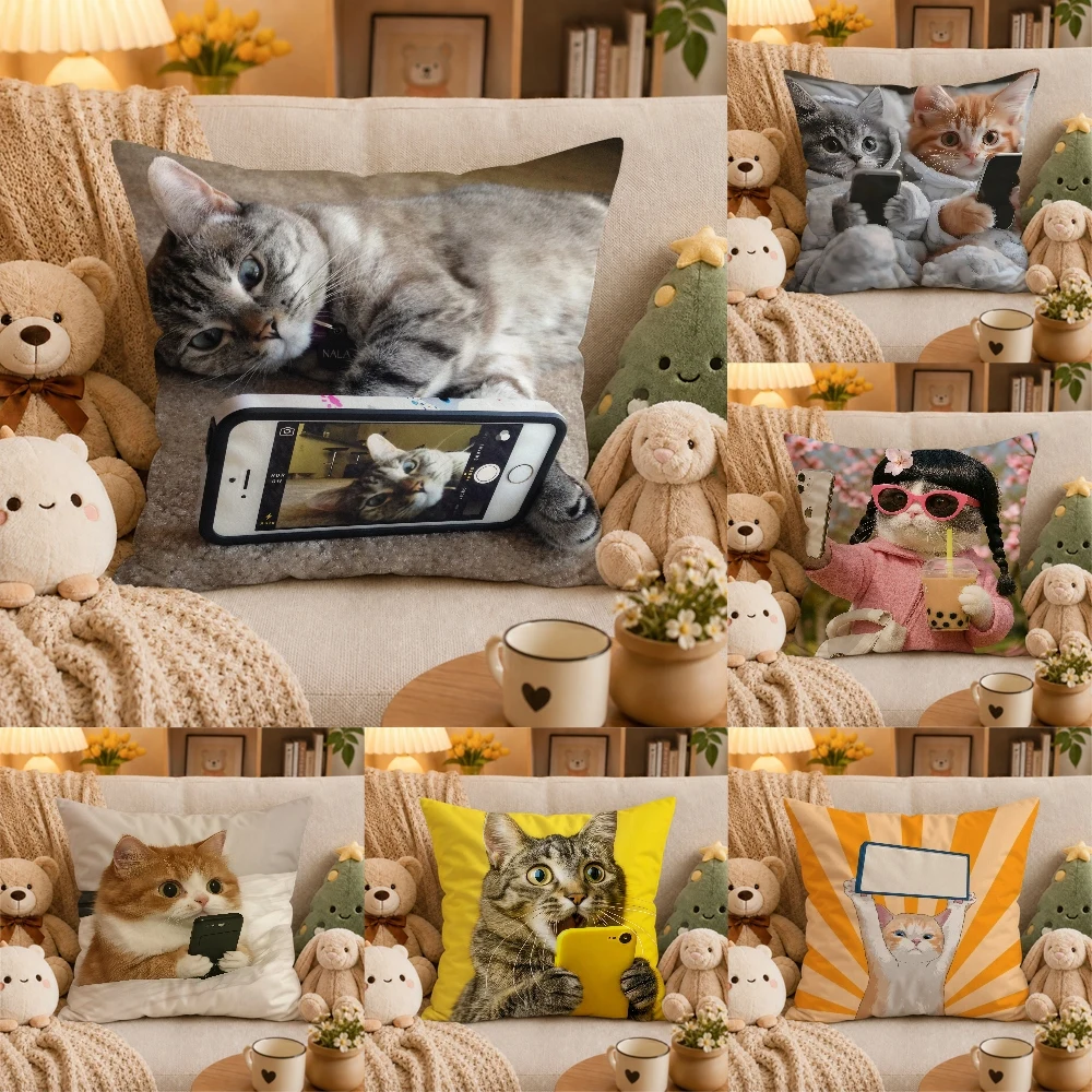 Cute cat holding phone Pillow Case Plush Pillow Cases Home Decoration Pillow Cover for Sofa Bed Chair Living Room