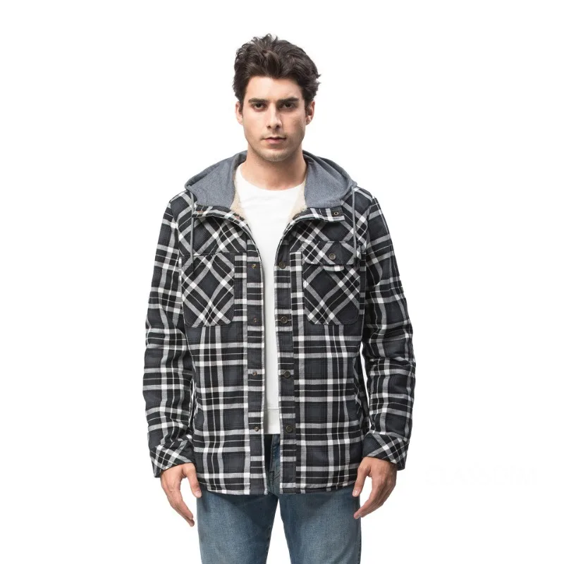 Men Winter Plaid Shirts Coats Hooded Fleece Jackets Harajuku Lg Sleeonve LoosCae sual Shirts Jackets European Style US Size