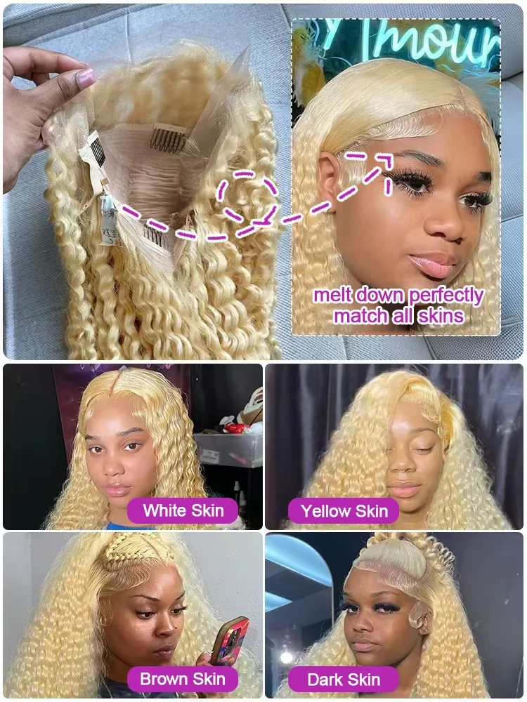 Perucas Loiras 613 com Renda Frontal 13x6 HD, Pré-Prontas, 40 Polegadas, Cabelo Humano Cacheado Ondulado Profundo, 100% para Mulheres Negras, Densidade 250