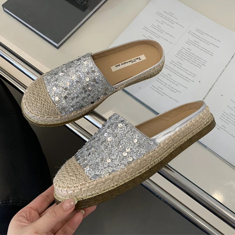 

Straw Fisherman Shoes For Women's Pumps Slip-on Hemp Midsole Rhinestone Sequin Outsole Women Flats Shoes Korean Style Loafers