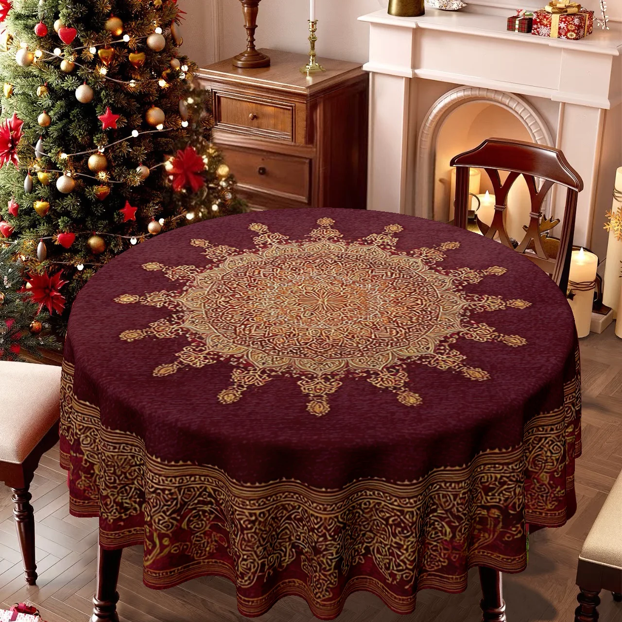 One elegant round tablecloth, adorned with a magnificent marbled pattern in chestnut and gold - suitable for Christmaszyc