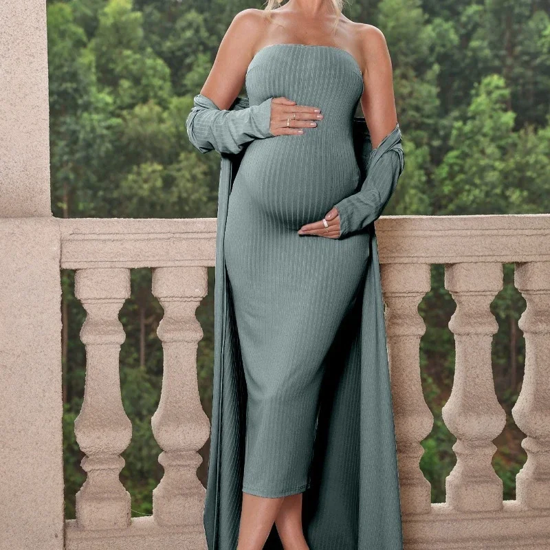 Long Dress Maternity Two-piece Long Coat Bandeau Dress Plus Size Stretch Temperament Commuter Skirt