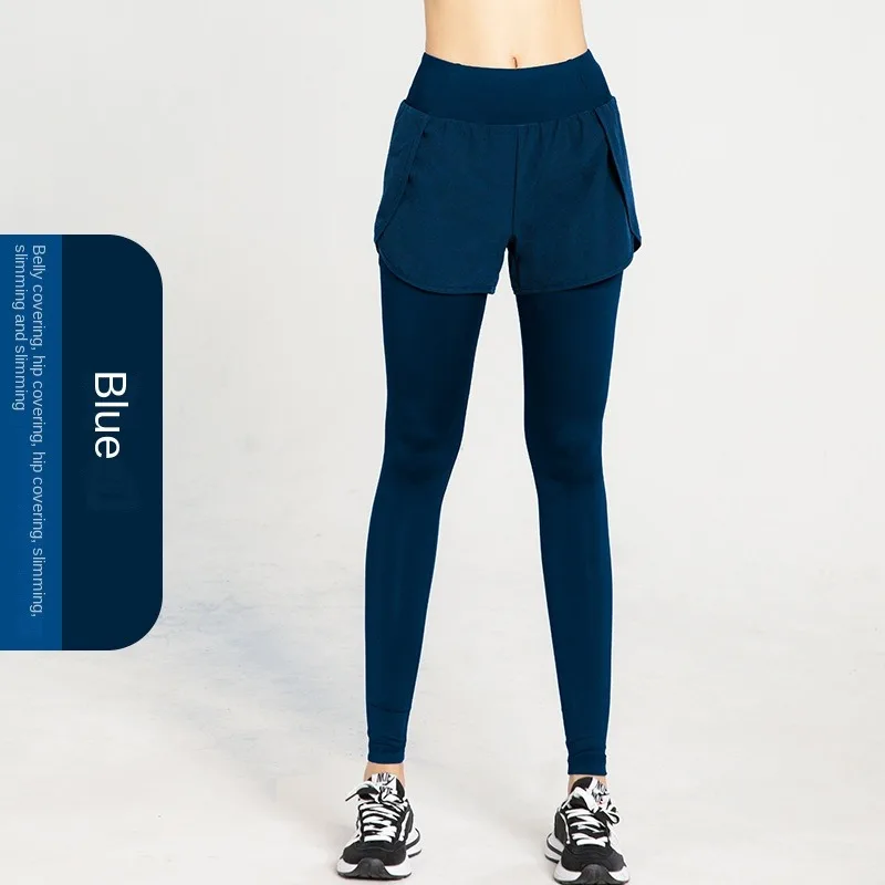 여성 신축성 페이크 투피스 포켓 요가 팬츠, 하이웨이스트 힙업, 러닝 피트니스 스포츠 레깅스, 속건성 