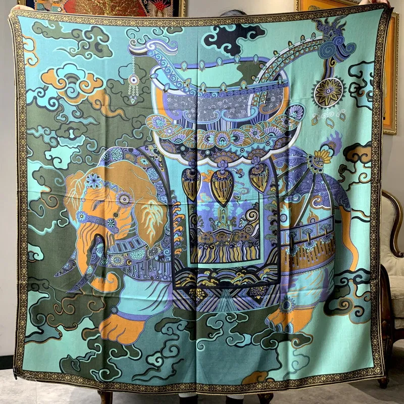 

High-end Elegant Women's Exquisite Light Luxury Elephant Double-sided Print Quality Silk Wool Handrolled Edge Large Scarf Shawls