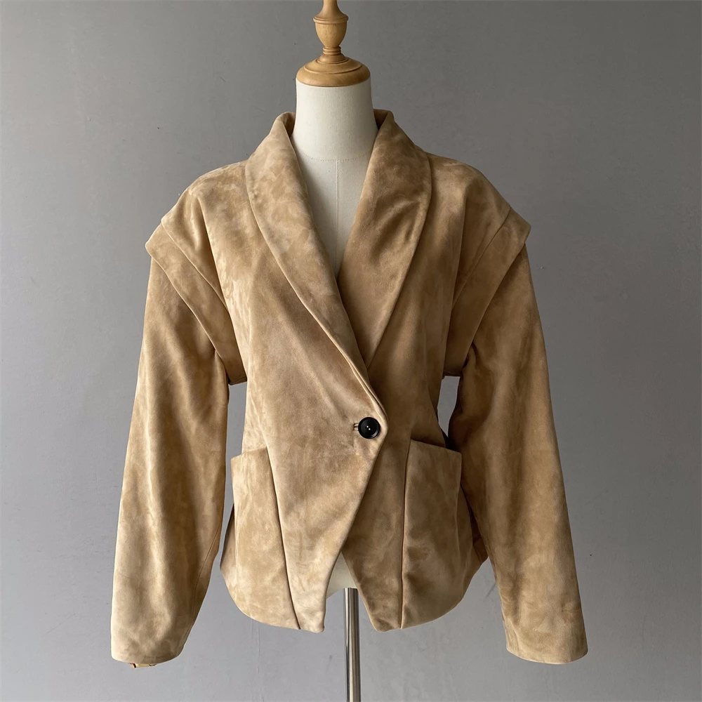 Luxyonuo Giacca in vera pelle scamosciata di lusso Autunno Cappotto blazer in vera pelle di pecora Giacca bomber oversize moda donna Nuovo arrivo