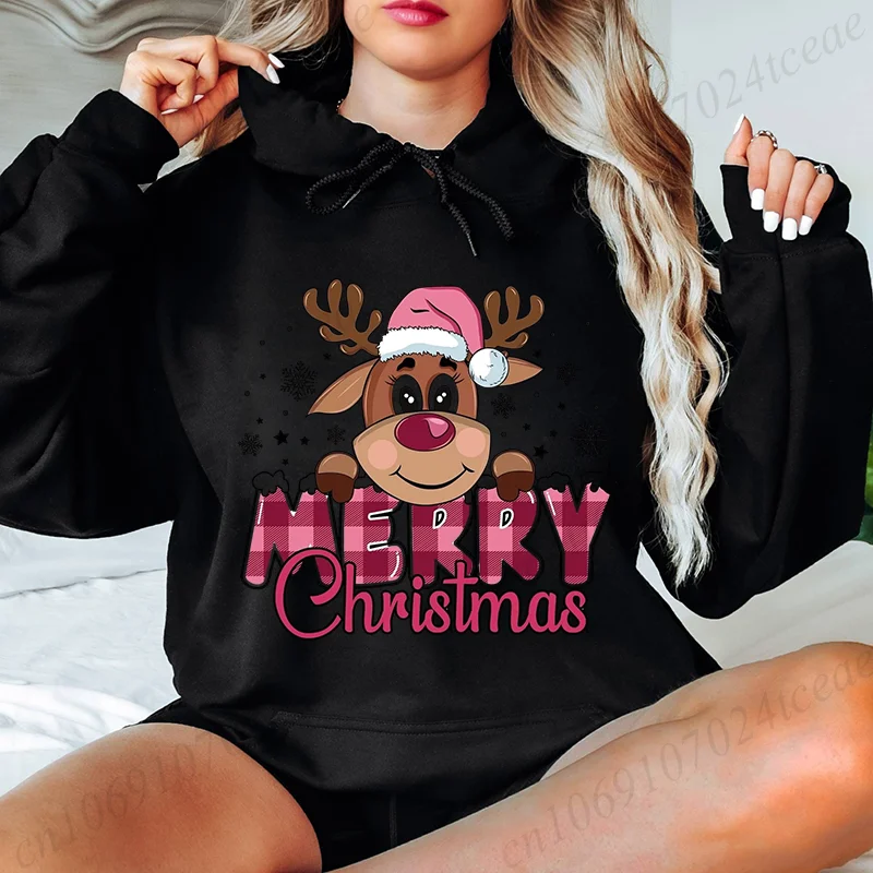 Merry Christmas Cute Print Black Hoodies for Women Casual Long Sleeve Round Neck Sweatshirts Ladies Christmas Clothing