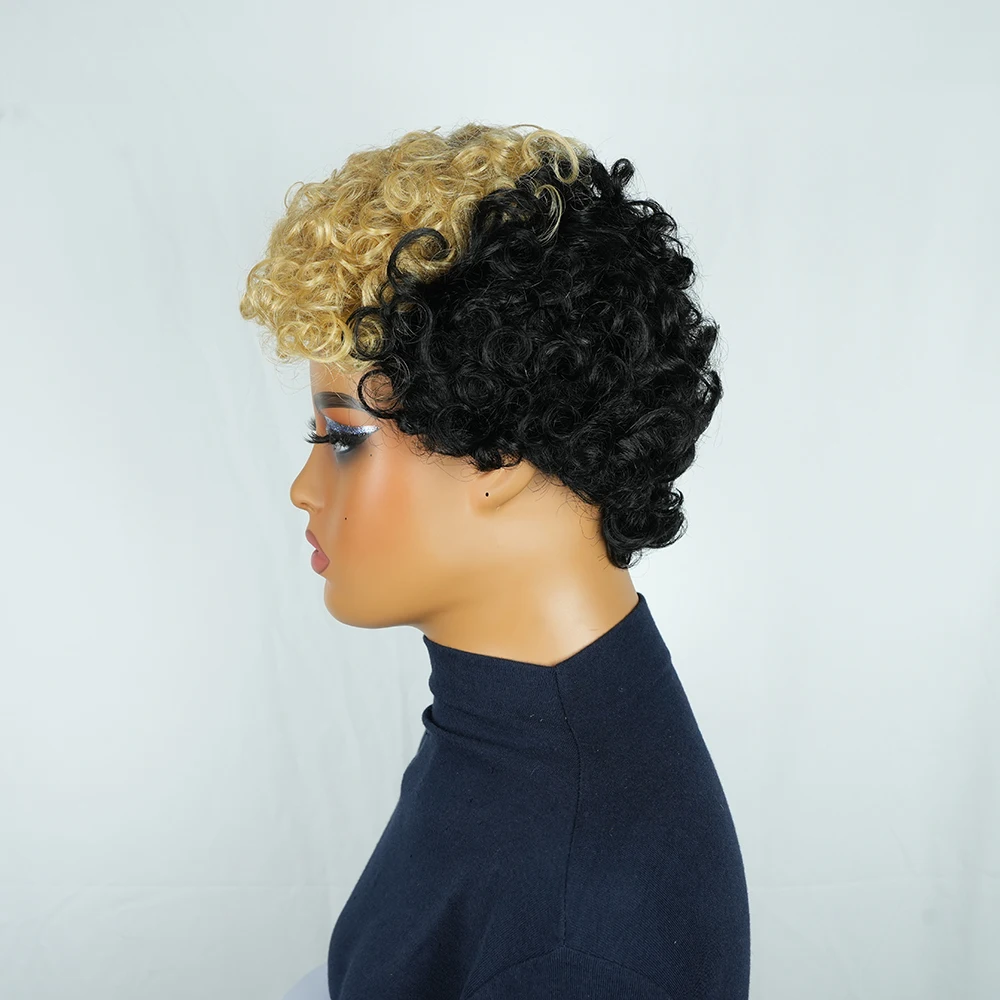 1B 27 вьющихся париков с стрижкой пикси, 100% человеческие волосы для женщин, черный блондин, омбре, модный короткий вьющийся бразильский парик с стрижкой пикси, машинное производство