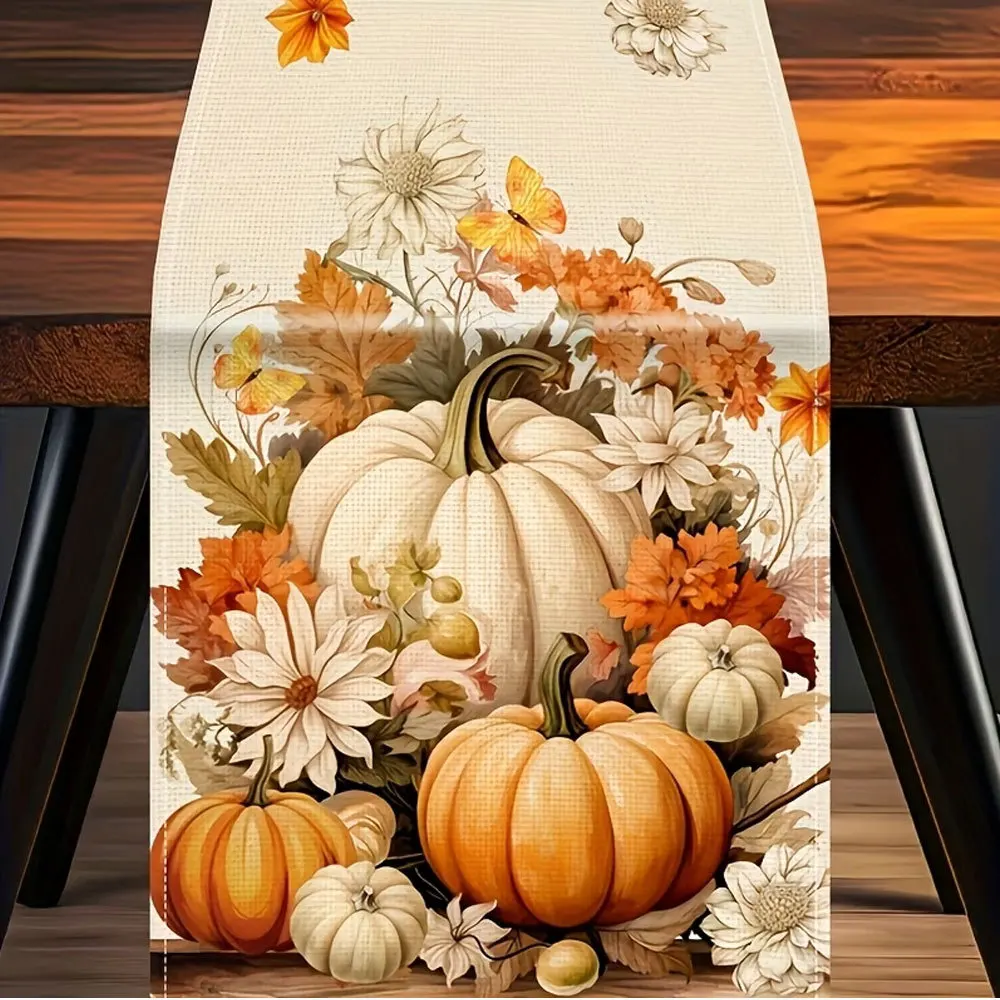 Linen Table Runner Featuring Pinecones Maple Leaves  Pumpkins on Off White Cozy Autumn Table Decor  Dining Room
