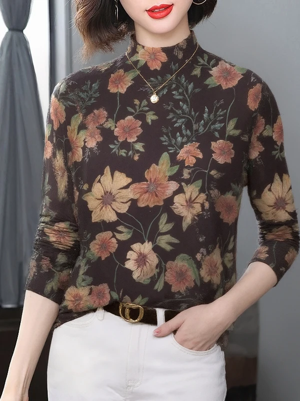 

Элегантная термо-футболка с высоким воротом и длинным рукавом с принтом, облегающая, скрывающая недостатки фигуры, для женщин среднего возраста