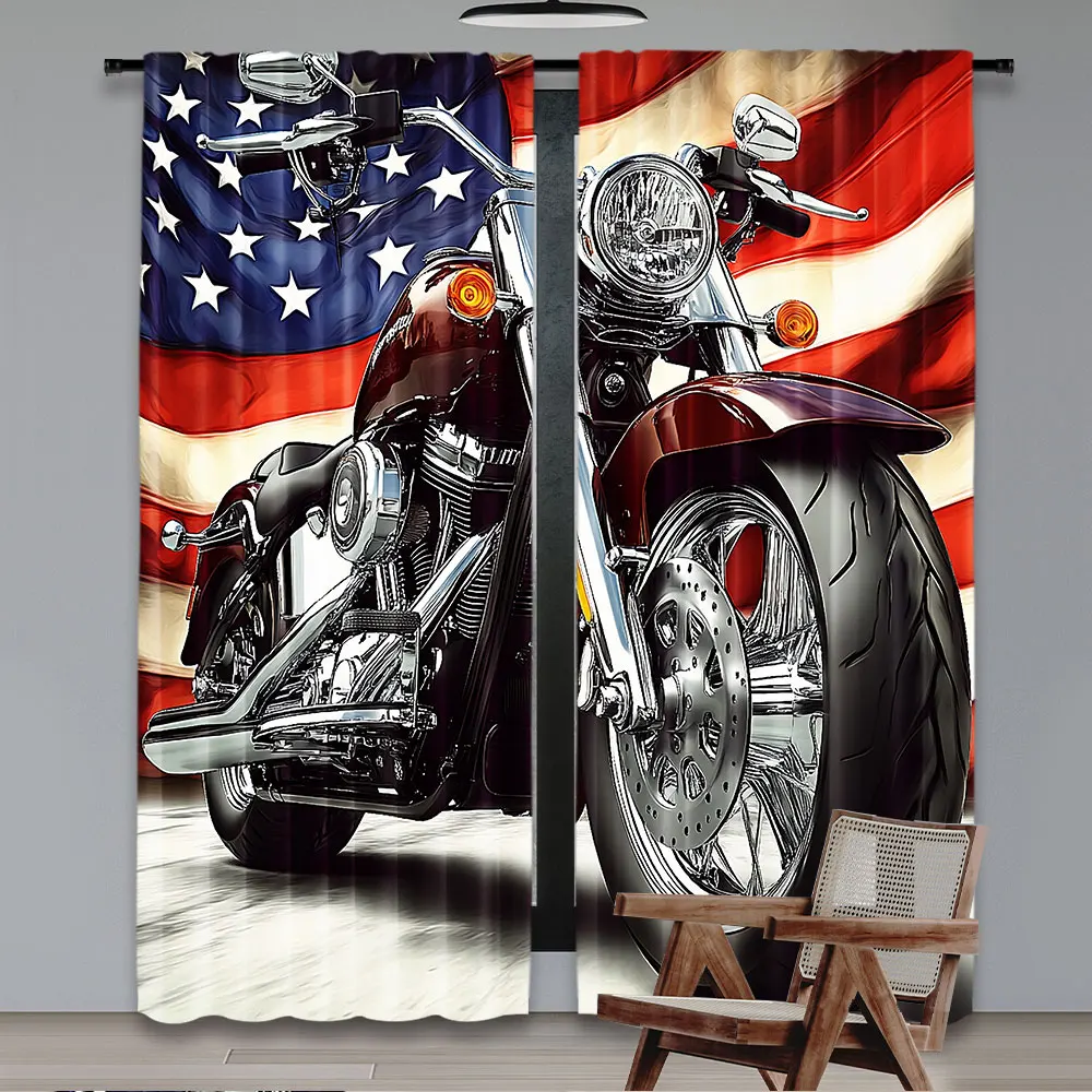 2Pcs Cool Motorcycle Curtains American Flag Classic Curtain Motorbike Extreme Sports Modern Suitable For Living Room Bedroom