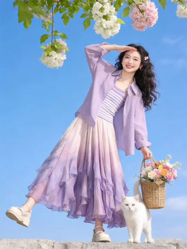 Dopamine Gradient Slimming Purple Halter Neck Sun Protection Shirt Summer Casual Striped High Waist Skirt Women's Fashion