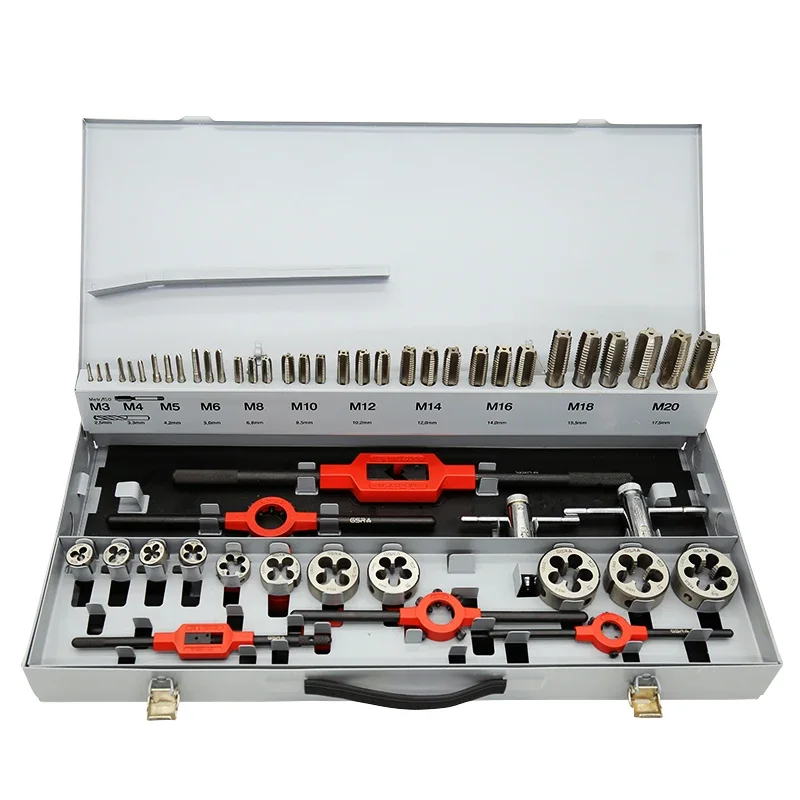 factory price  M3~M20 tool set HSS M2 Hand Tap and die  set  in grey Metal Box hand tool DIY kit