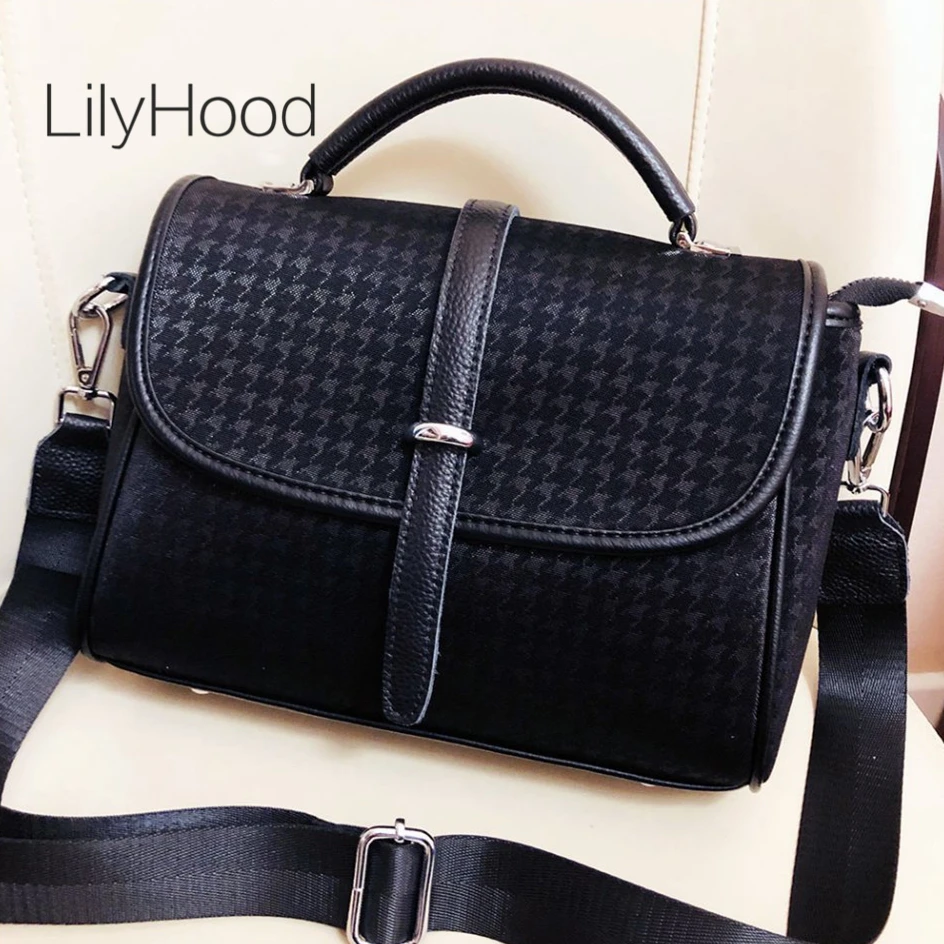 Female Vintage Vegan Leather Houndstooth Medium Size Side Sing Shoulder Bag Korea Trend Classical Short Handles Square Pouch Bag