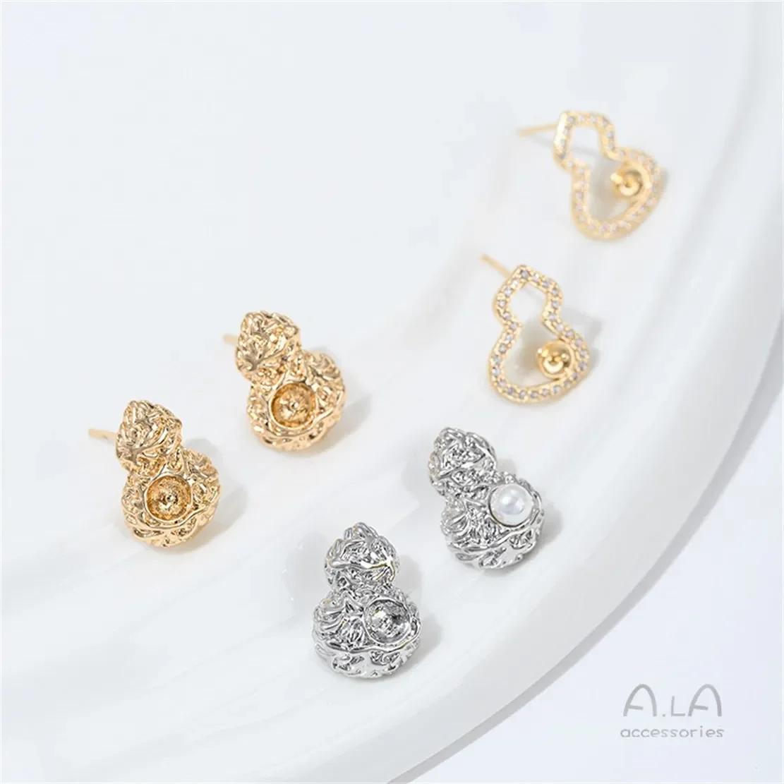 R588 14K Copper-clad Real Gold Inlaid Zirconium Gourd Bead Ear Stud Silver Needle Diy Hand-glued Pearl Earrings Accessory
